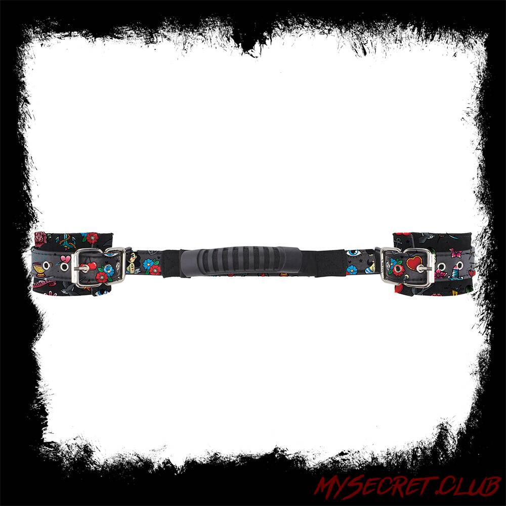 Ouch Old School Tattoo Printed Hand Cuffs With Handle