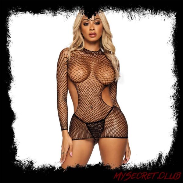 Leg Avenue Net Long Sleeved Mini Dress Black