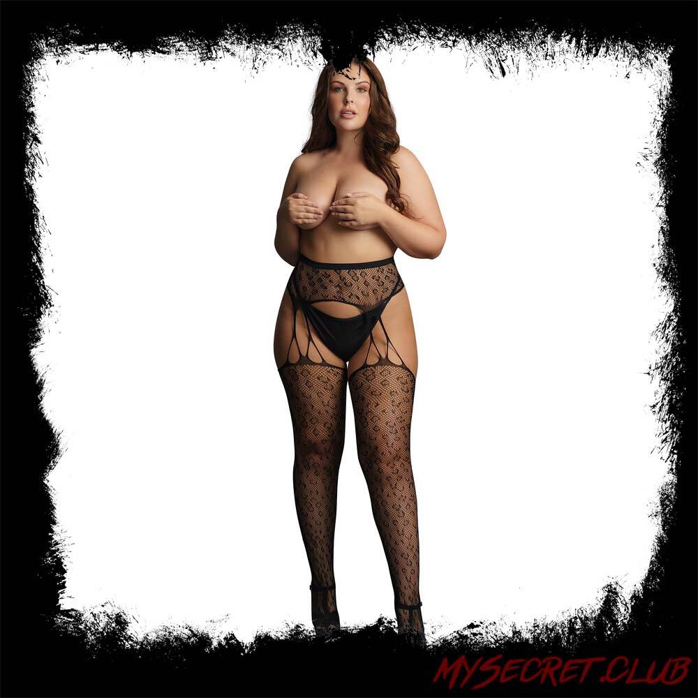 Le Desir Suspender Leopard Pantyhose Black UK 14 to 20