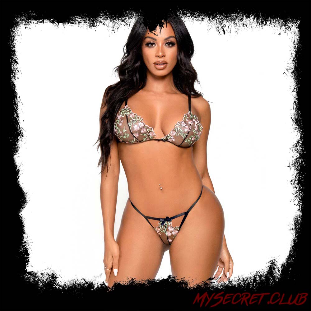 Leg Avenue Floral Sheer Bra and G-String Black