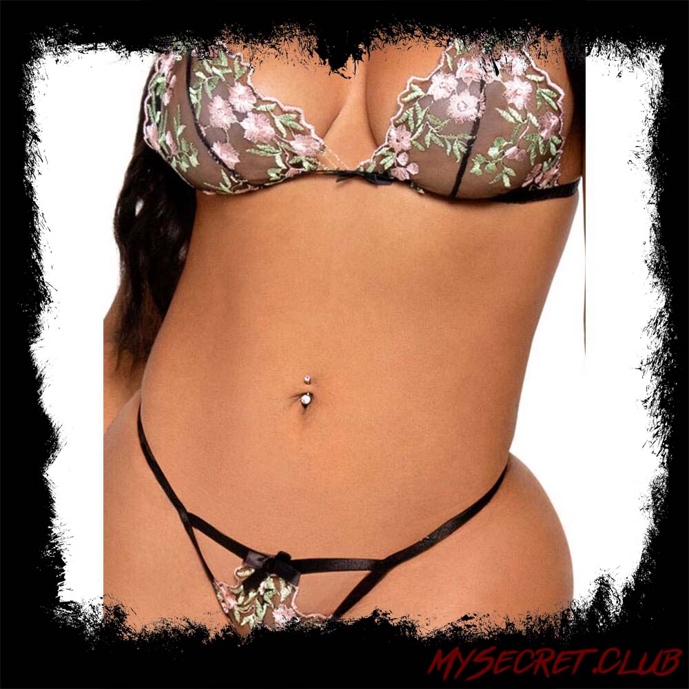 Leg Avenue Floral Sheer Bra and G-String Black