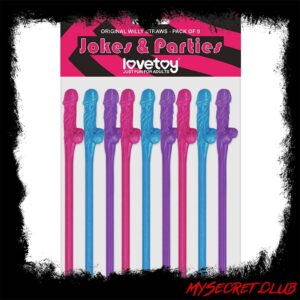 Lovetoy Pack Of 9 Willy Straws Blue Pink And Purple