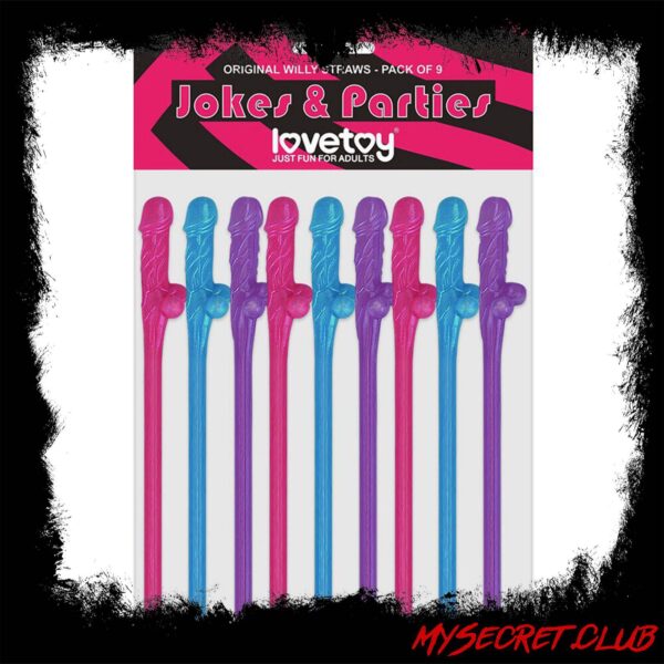 Lovetoy Pack Of 9 Willy Straws Blue Pink And Purple