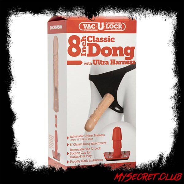 Vac-U-Lock 8 Inch Classic Dong With Ultra Harness