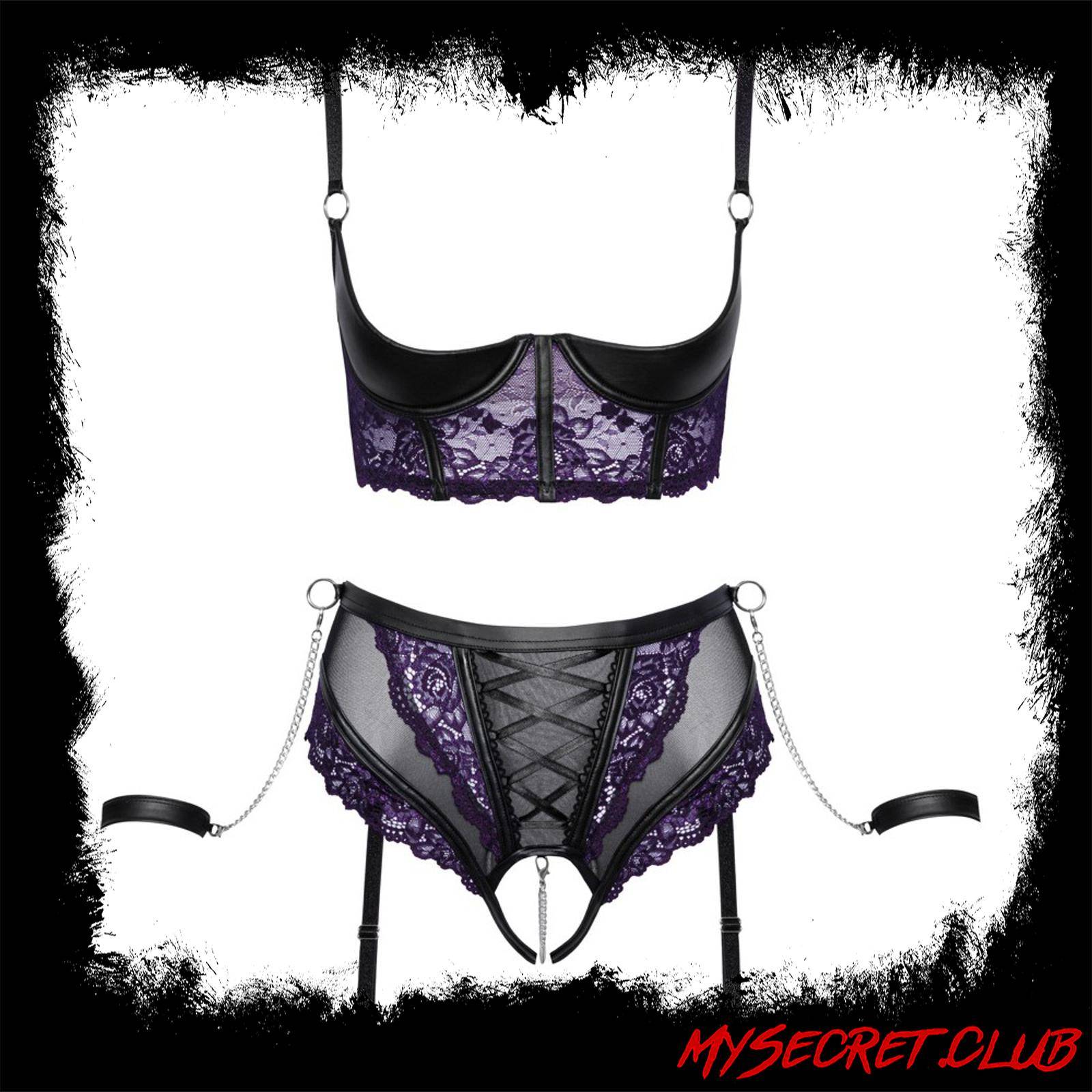 Cottelli Quarter Cup Bra, Suspender Briefs And 2 Handcuffs